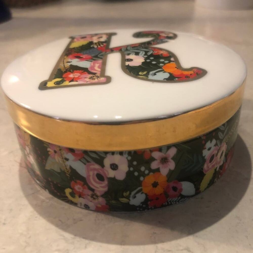 Trinket box Mia Charro  Porcelain letter K floral design 4.25"